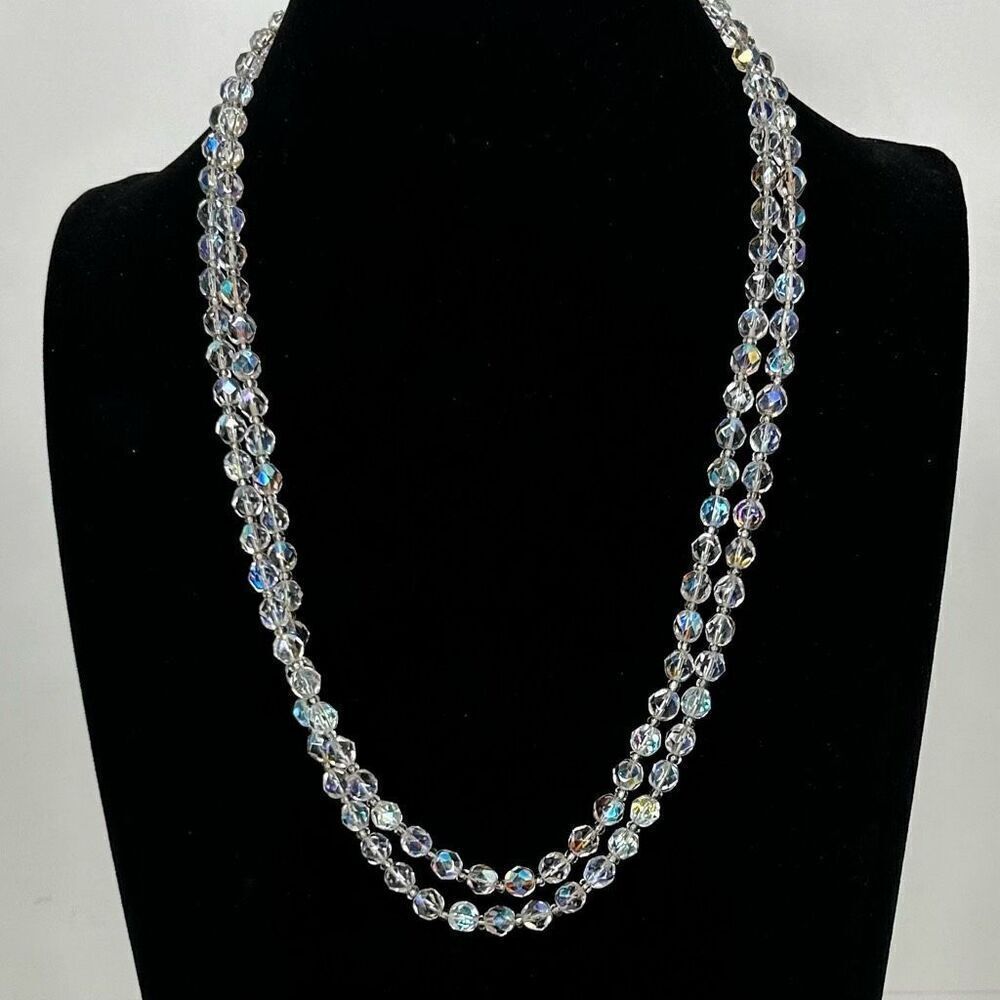 Vtg AB Aurora Borealis Beaded Necklace 48" Clear Single Strand Faceted Beads - Picture 8 of 8